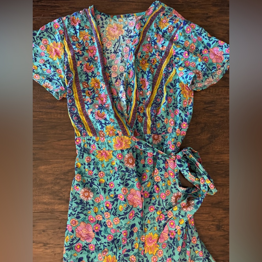 Boho, Floral Print, Summer, Spring Green, Blue, yellow Rockabilly, Cowgirl Dress - Picture 8 of 9